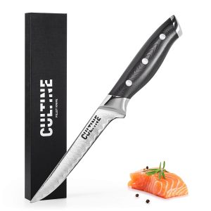 Boning & Fillet Knife by Cultine - Professional Heavy Duty 5.5-inch Sharp Knife for Meat, Sharp Damascus Steel Blade & Ergonomic Non-Slip Micarta Handle