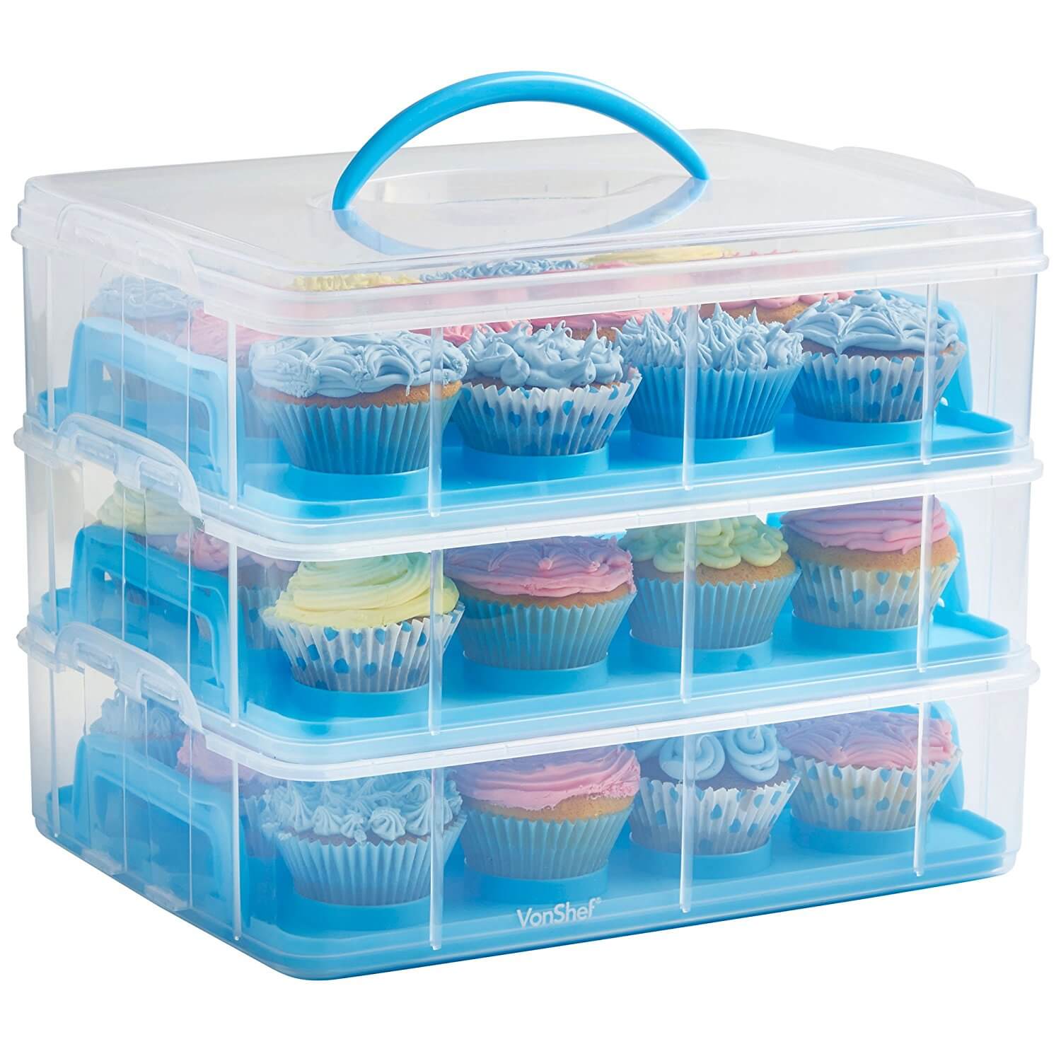 VonShef Snap and Stack Blue 3 Tier Cupcake Holder and Cake Carrier Container